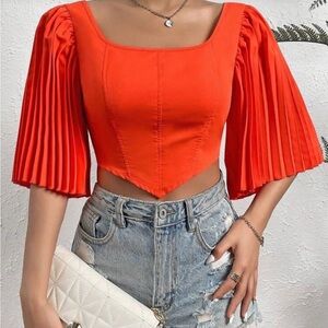 SHEIN Bright Orange Pleated Elbow-Sleeve Square Neck Crop Top